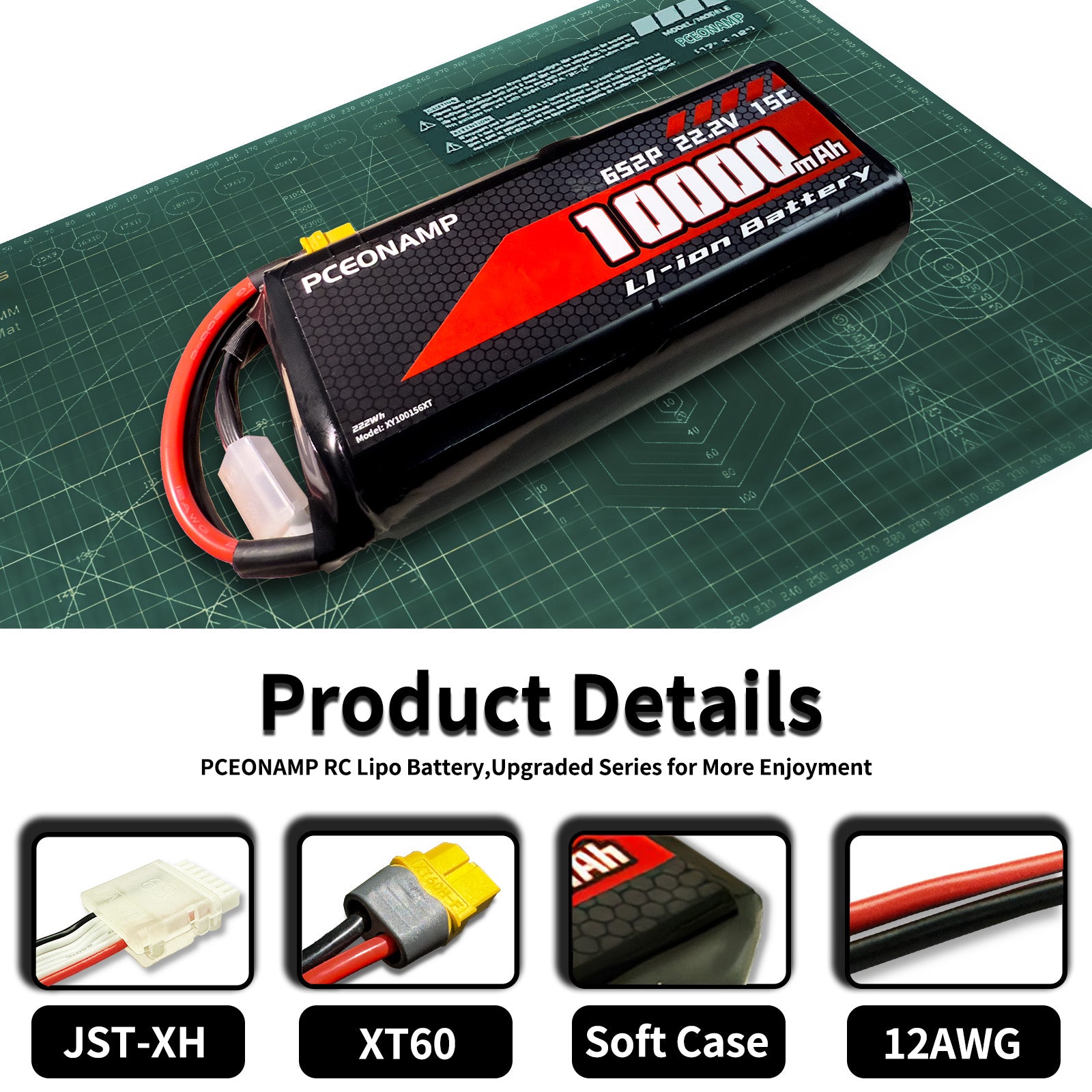 PCEONAMP 6S Li-ion Battery 10000mAh 22.2V 15C with XT60 Plug Rechargeable High Capacity RC Drone Battery Soft Case Fit for RC FPV RC Drone Quadcopter