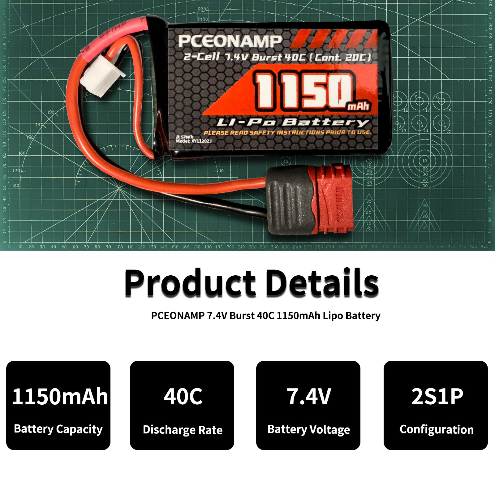 PCEONAMP 2S Lipo Battery 1150mAh 7.4V Burst 40C with T Plug High Capacity RC 7.4V Lipo Battery Fit for HBX, BEZGAR and Most 1/10, 1/12, 1/16, 1/18 Scale RC Car Truck with 1 USB Charger （2packs）