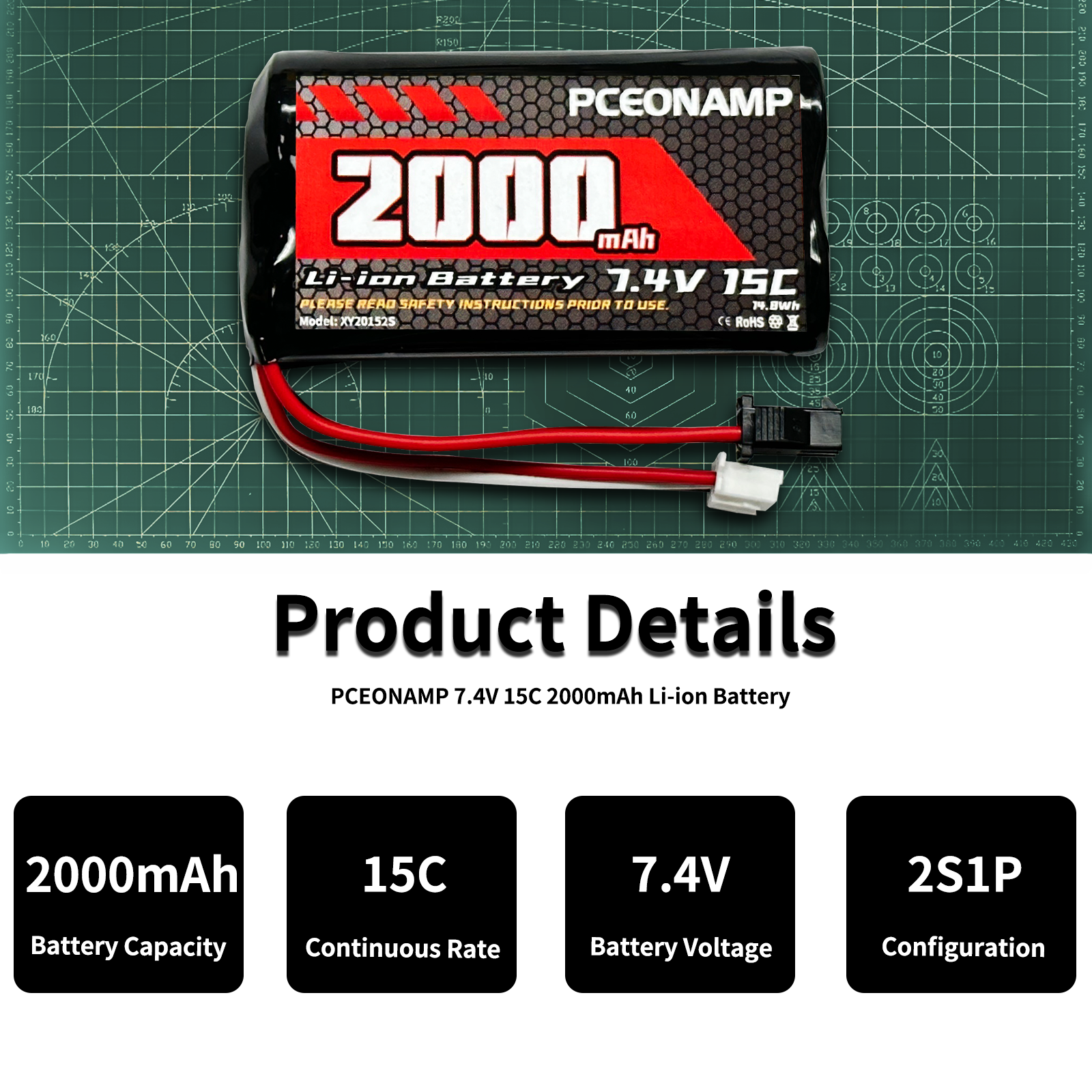 PCEONAMP 7.4V Li-ion Battery 2000mAh 2S Battery with SM-2P Plug Rechar