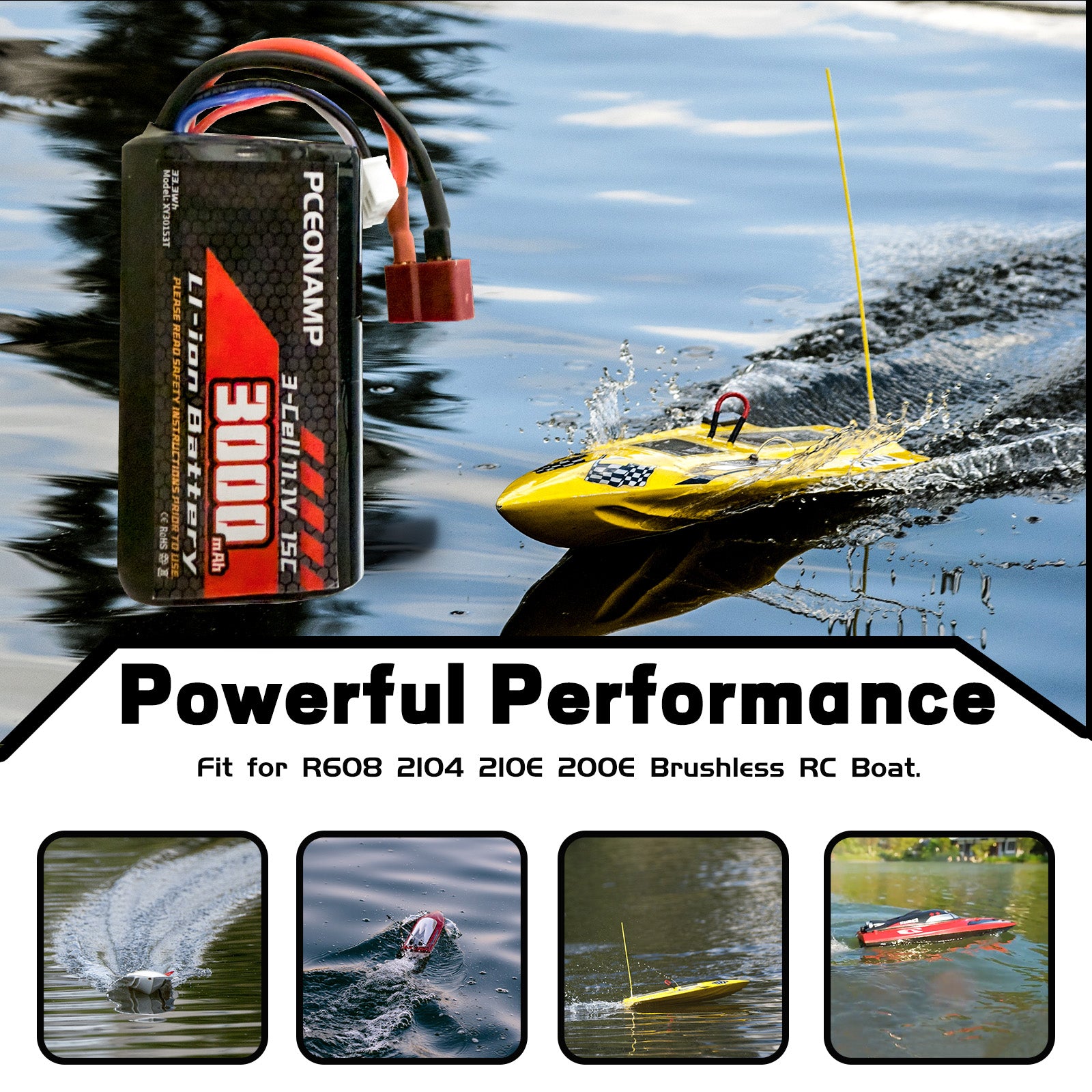 PCEONAMP 11.1V Li-ion Battery 3000mAh 3S for R608 2104 210E 200E Brushless RC Boat with Deans T Plug Rechargeable High Capacity 15C RC 11.1V RC Boat Battery （2packs）