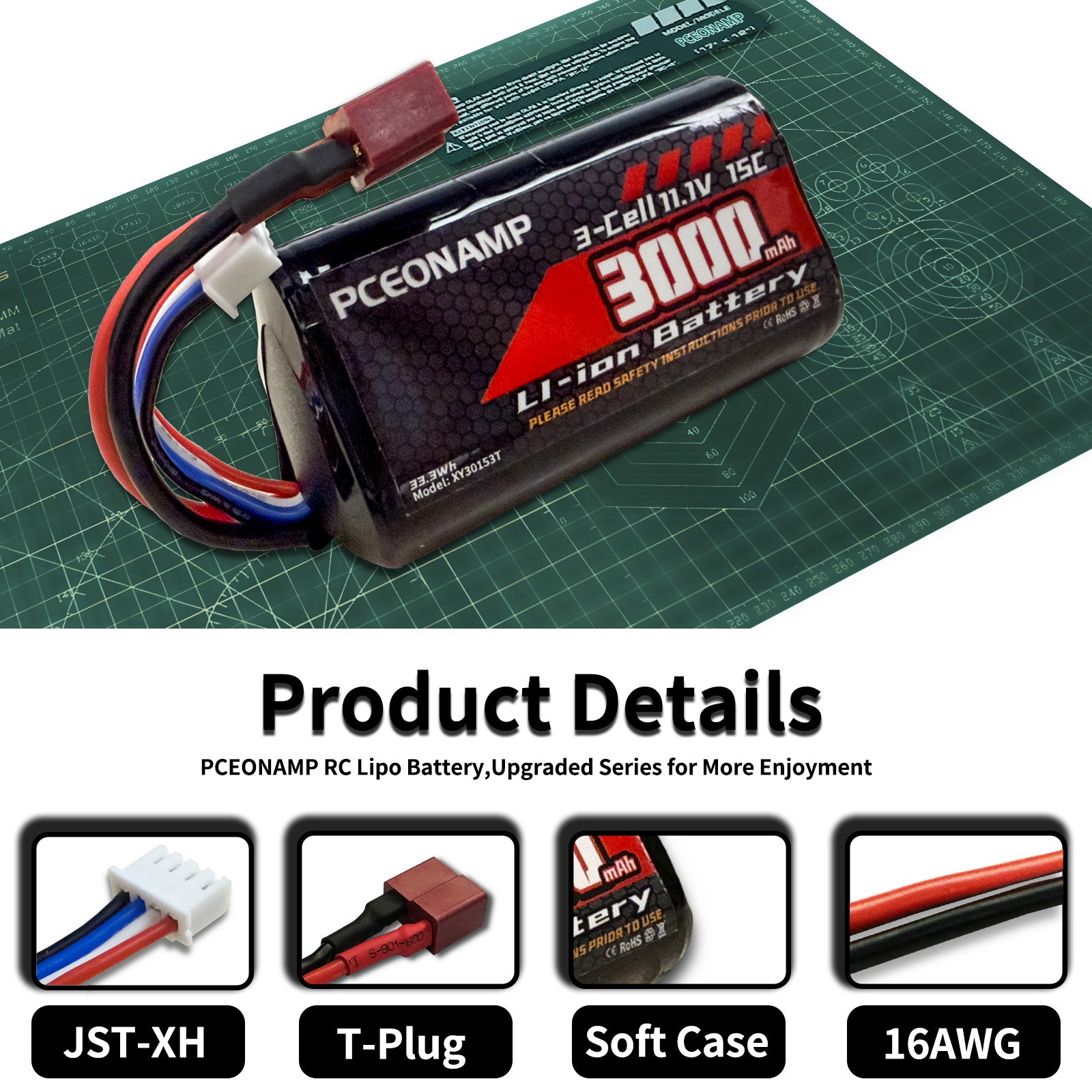 PCEONAMP 11.1V Li-ion Battery 3000mAh 3S for R608 2104 210E 200E Brushless RC Boat with Deans T Plug Rechargeable High Capacity 15C RC 11.1V RC Boat Battery （2packs）