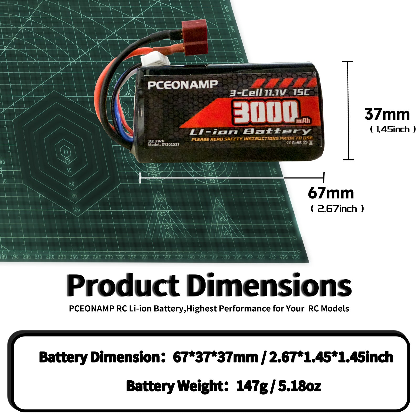 PCEONAMP 11.1V Li-ion Battery 3000mAh 3S for R608 2104 210E 200E Brushless RC Boat with Deans T Plug Rechargeable High Capacity 15C RC 11.1V RC Boat Battery （2packs）