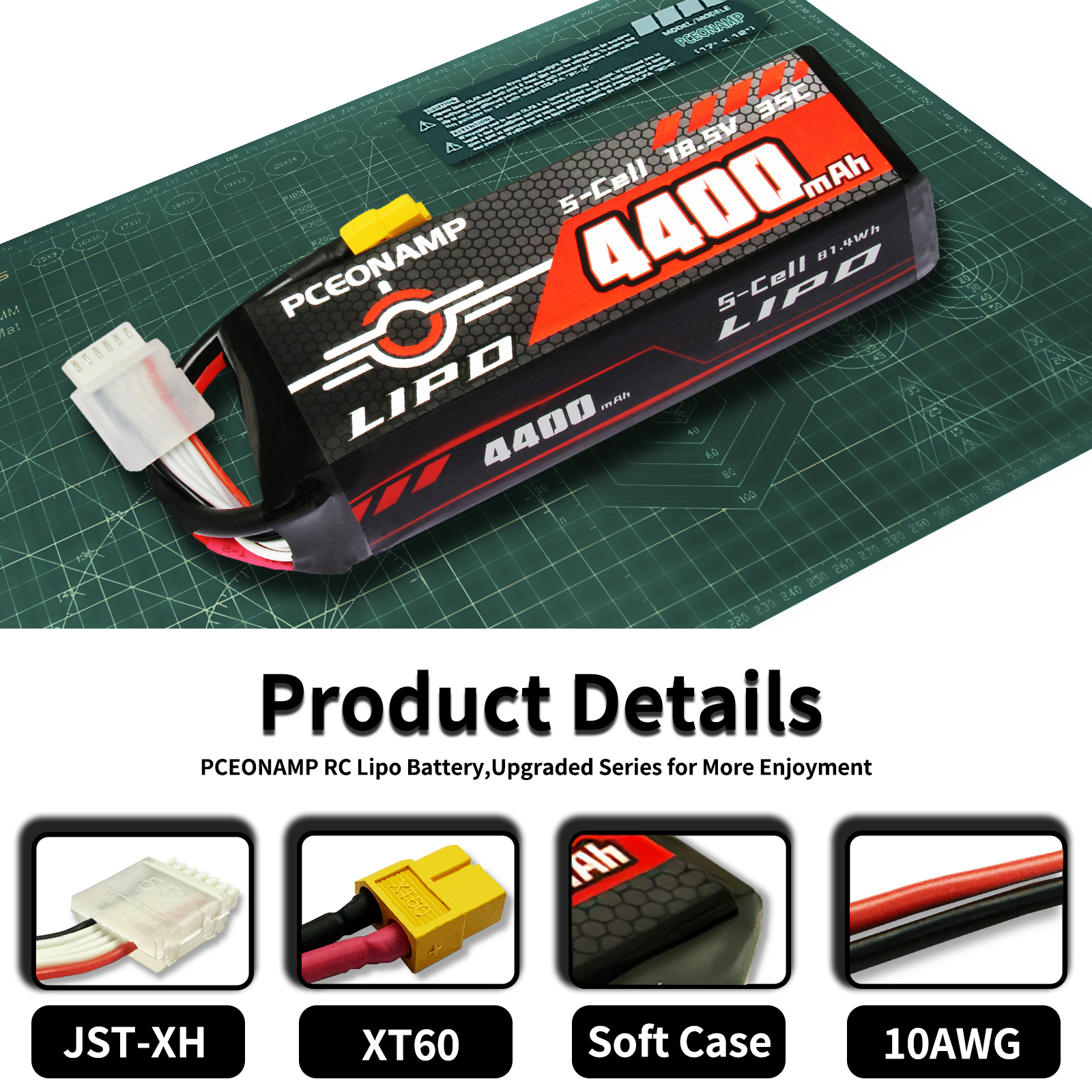 PCEONAMP 5S Lipo Battery 4400mAh 18.5V 35C with XT60 Plug Rechargeable High Capacity RC Airplane Battery Soft Case Fit for F3A, EDF, High Speed Jet, with Battery Storage Box
