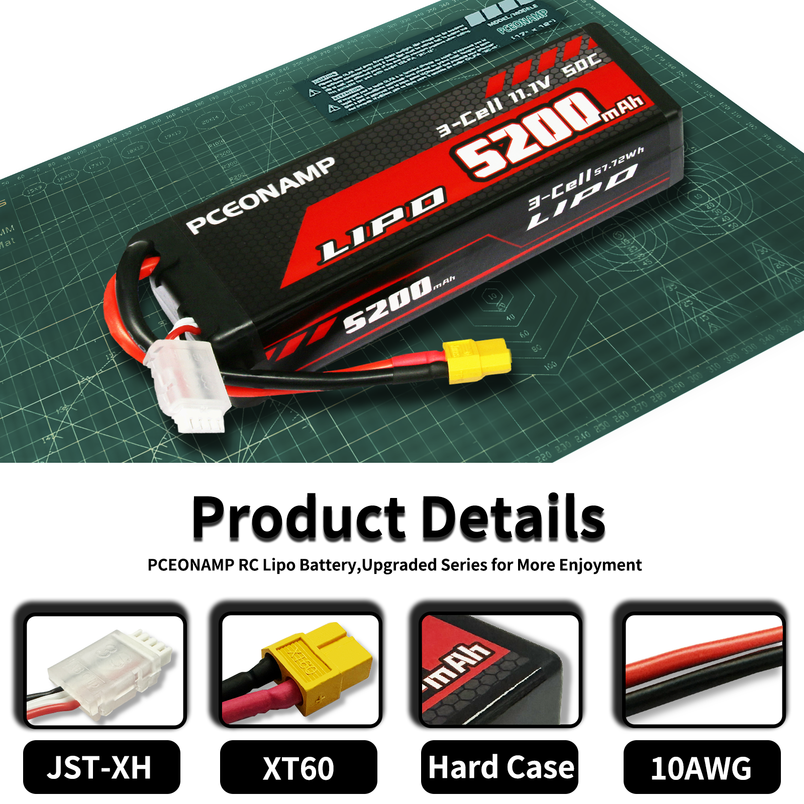 PCEONAMP 3S Lipo Battery 11.1V 50C 5200mAh with XT60 Plug High Capacity RC Cars Battery Fit for RC Car Model, RC Racing Car Truck Tank Boat Heli Airplane Quadcopter Helicopter with Battery Storage Box