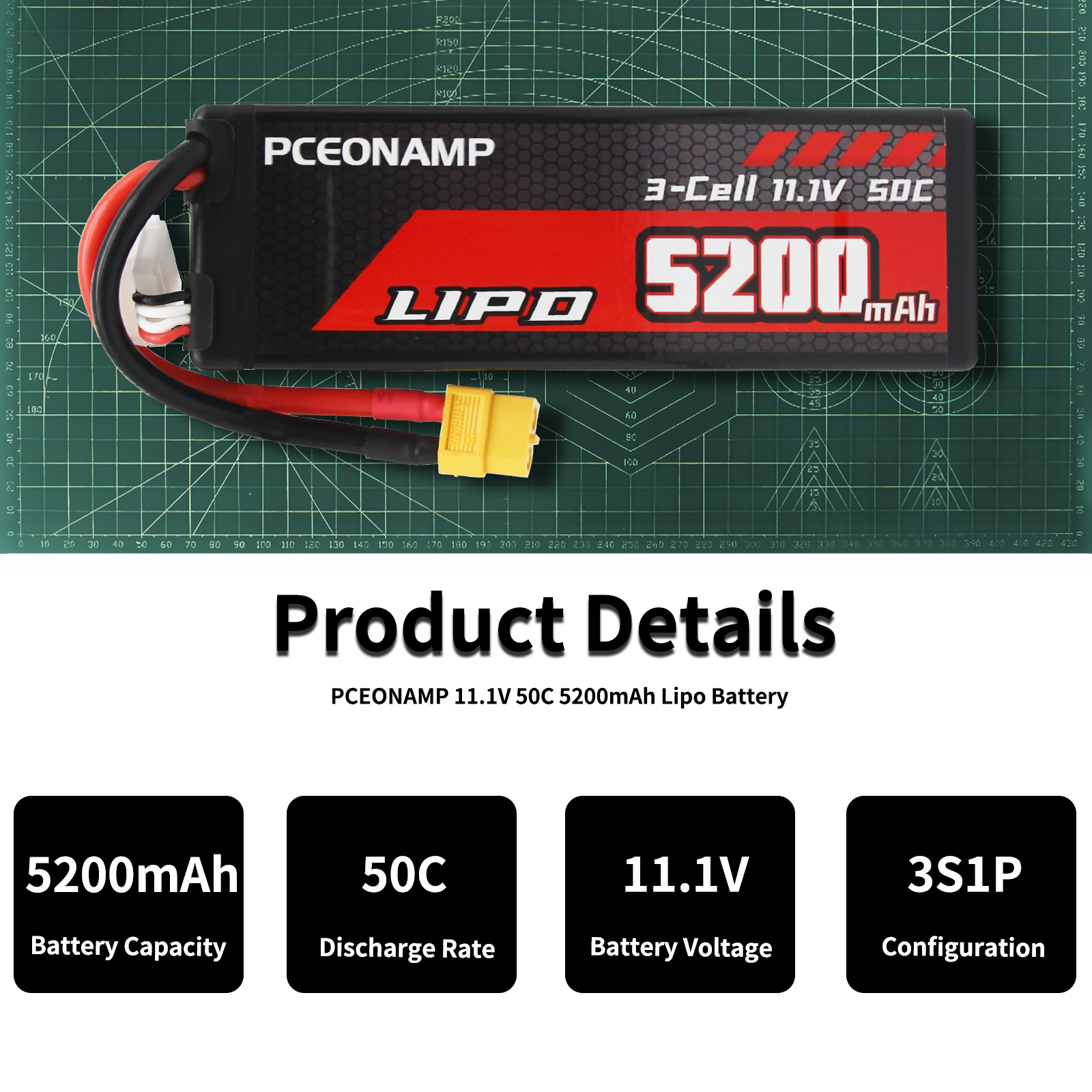 PCEONAMP 3S Lipo Battery 11.1V 50C 5200mAh with XT60 Plug High Capacity RC Cars Battery Fit for RC Car Model, RC Racing Car Truck Tank Boat Heli Airplane Quadcopter Helicopter with Battery Storage Box
