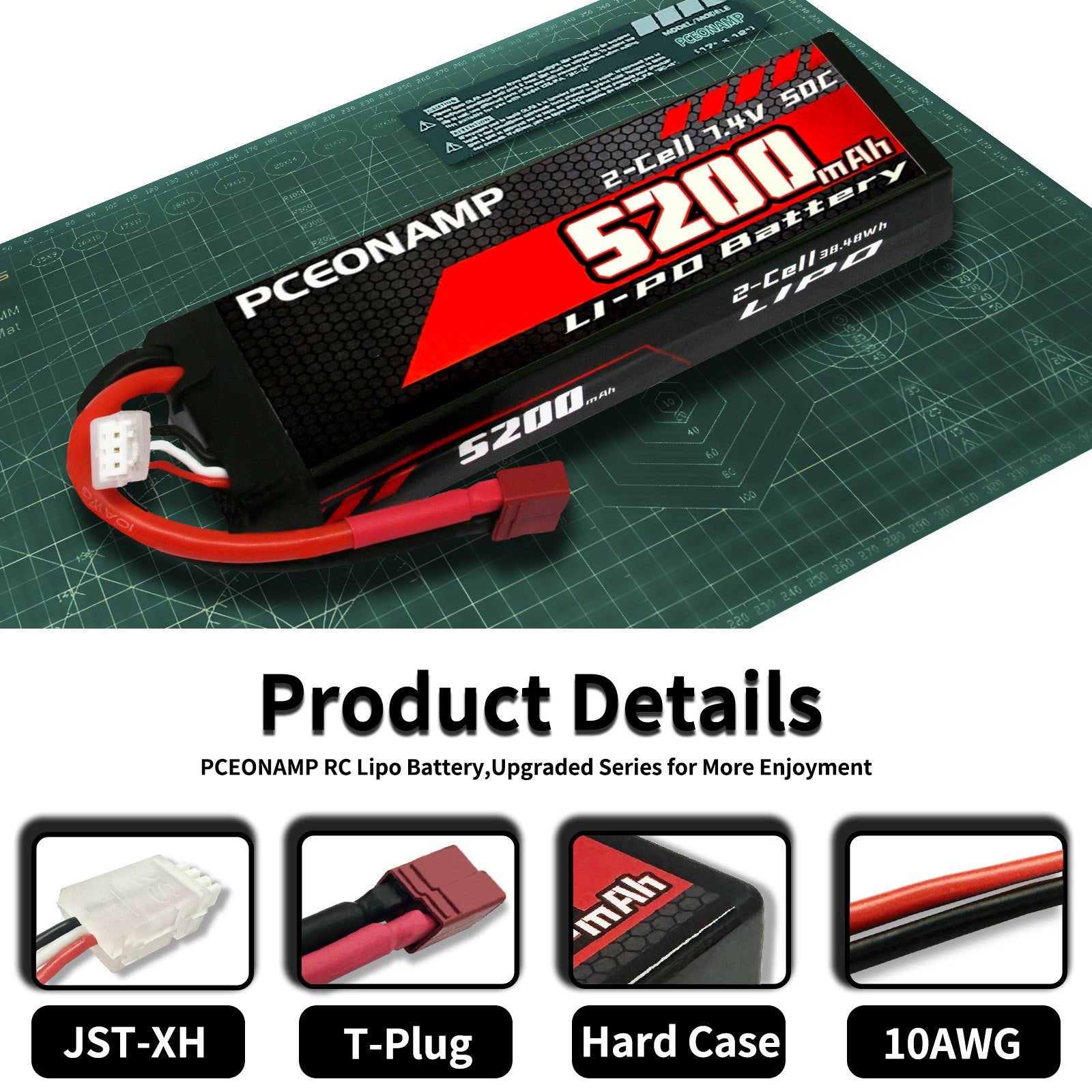 PCEONAMP 2S Lipo Battery 7.4V 50C 5200mAh with Deans T Plug Rechargeable High Capacity RC Cars Battery Hard Case Fit for RC Car Trucks 1/8 1/10 High Speed RC Cars