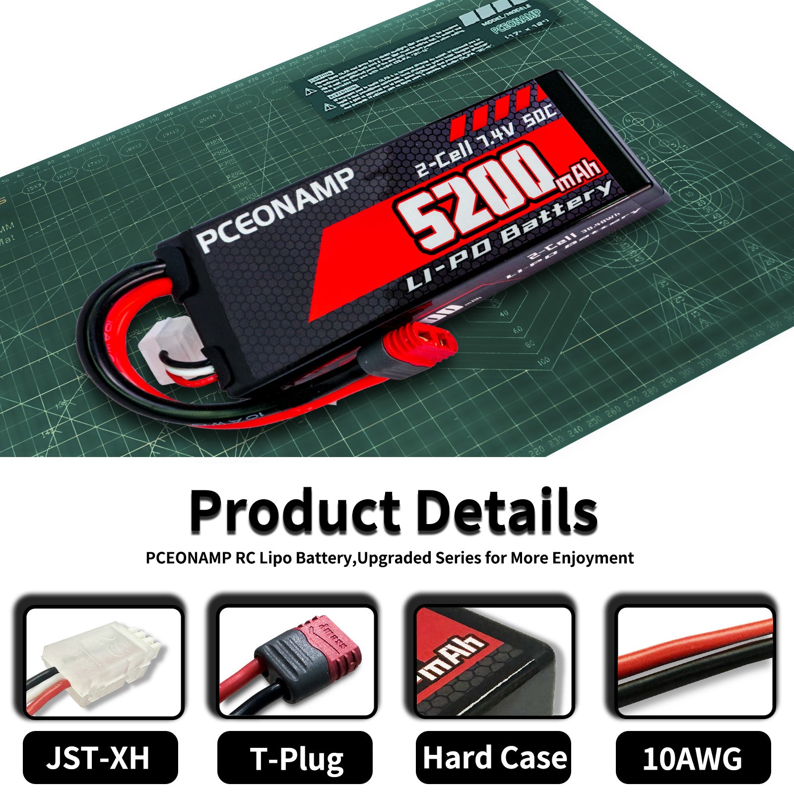 PCEONAMP 2S Lipo Battery 7.4V 50C 5200mAh with T Plug Rechargeable High Capacity RC Cars Battery Hard Case Fit for RC Car Trucks 1/8 1/10 High Speed RC Cars with Storage Box