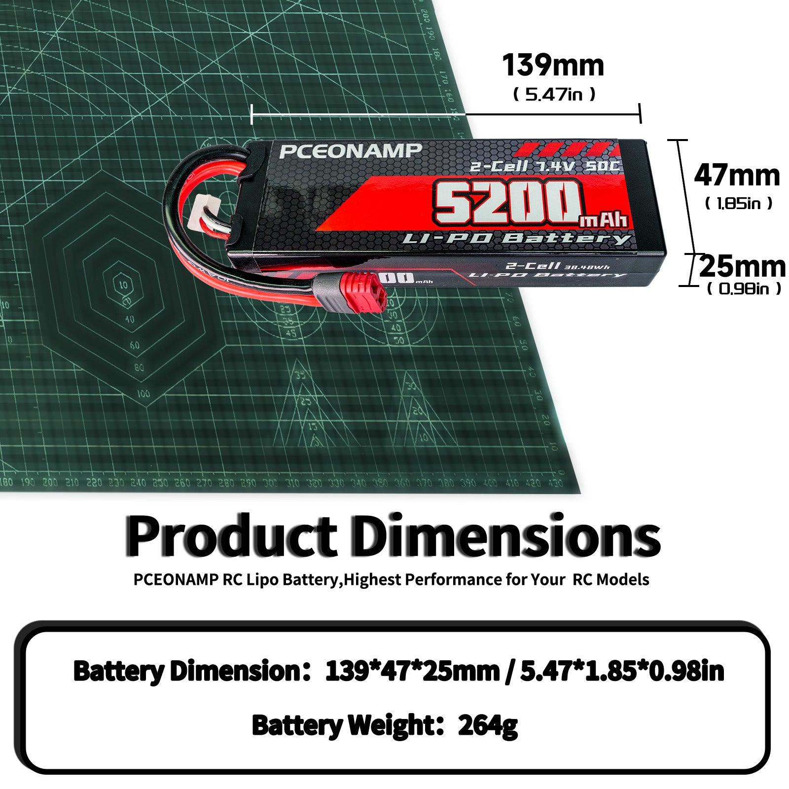 PCEONAMP 2S Lipo Battery 7.4V 50C 5200mAh with T Plug Rechargeable High Capacity RC Cars Battery Hard Case Fit for RC Car Trucks 1/8 1/10 High Speed RC Cars with Storage Box