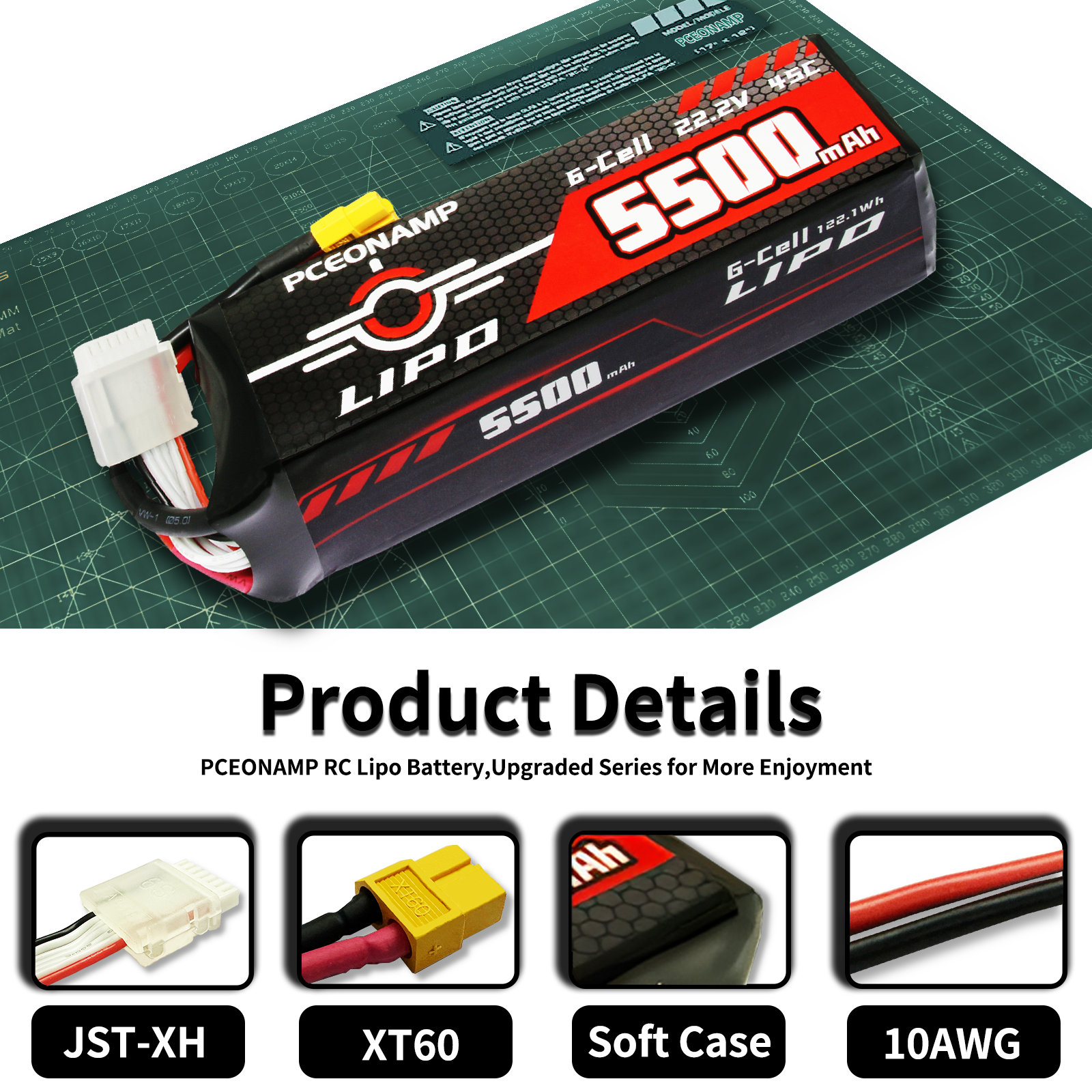 PCEONAMP 6S Lipo Battery 5500mAh 22.2V 45C with XT60 Plug Rechargeable High Capacity RC Battery Soft Case Fit for Large Scale RC Aircraft, Glider,with Battery Storage Box