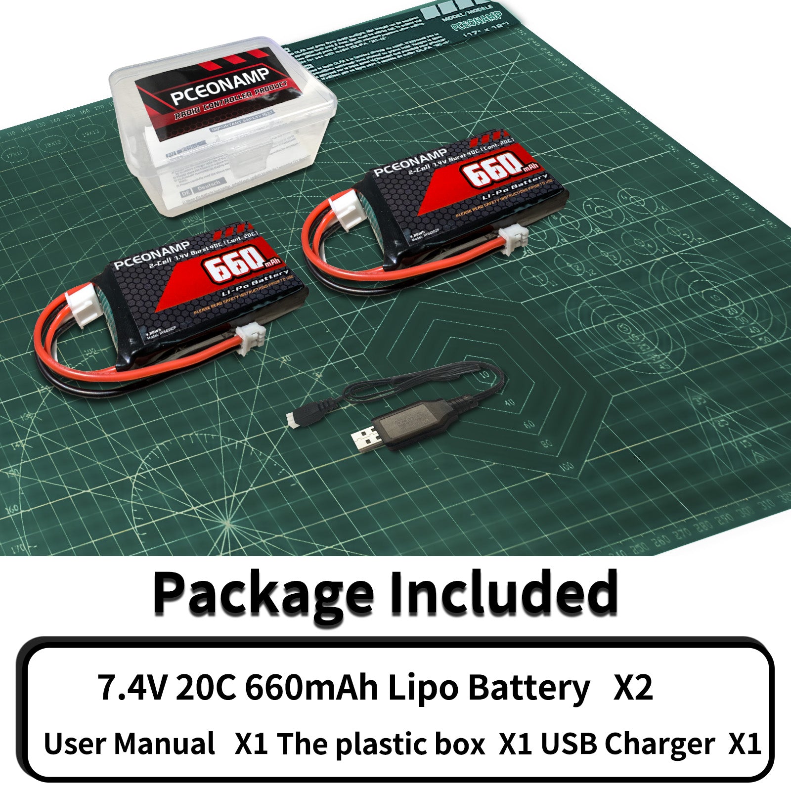 PCEONAMP 2S Lipo Battery 660mAh 7.4V for SCX24 Burst 40C with PH2.0 Plug Rechargeable High Capacity RC 7.4V Lipo Battery Fit for 1/18, 1/24 Scale RC Cars Trucks with 1 USB Charger （2packs）