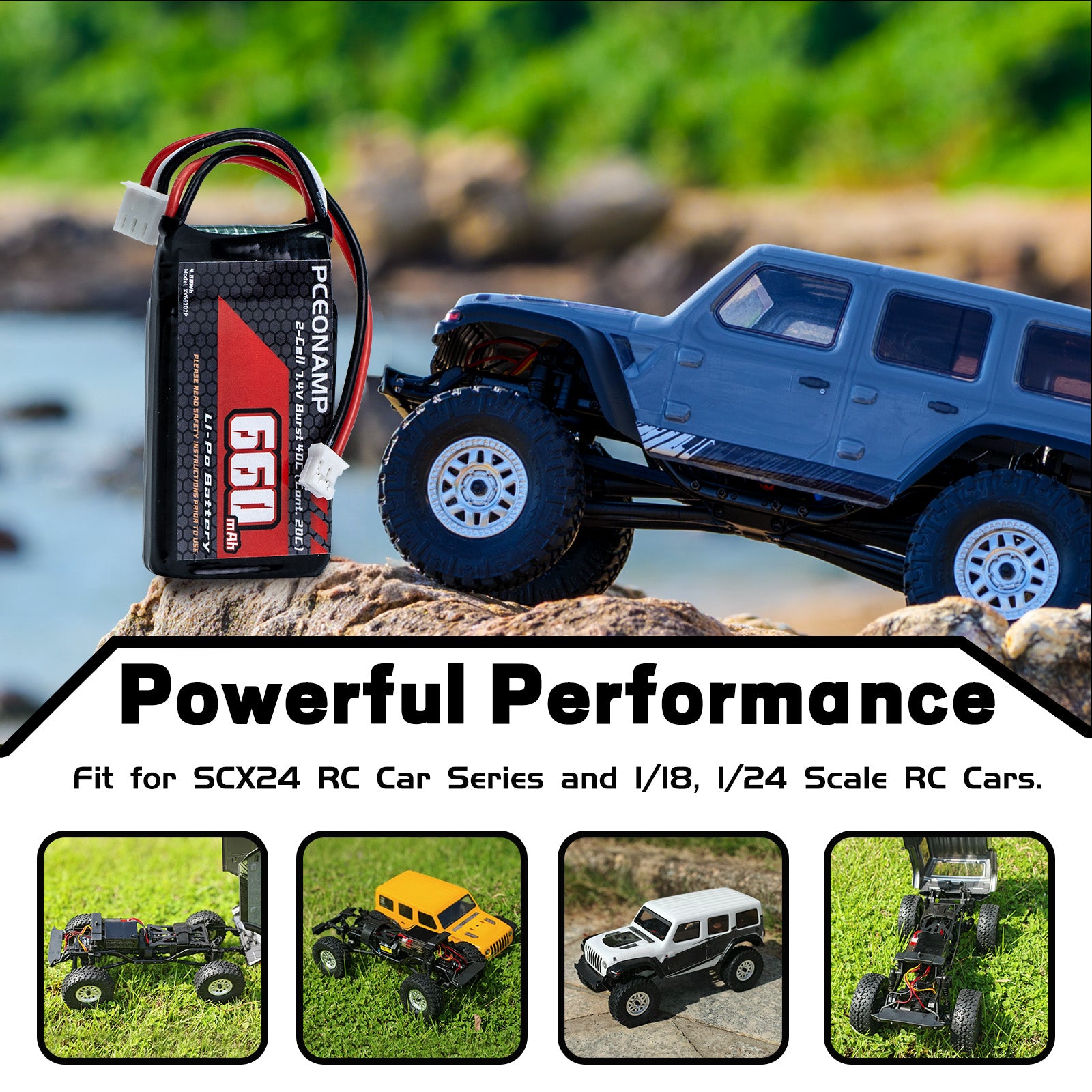 PCEONAMP 2S Lipo Battery 660mAh 7.4V for SCX24 Burst 40C with PH2.0 Plug Rechargeable High Capacity RC 7.4V Lipo Battery Fit for 1/18, 1/24 Scale RC Cars Trucks with 1 USB Charger （2packs）